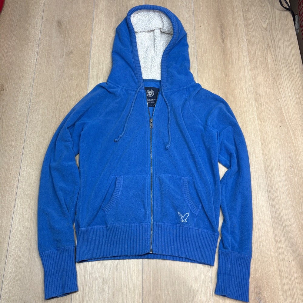 Y2K American Eagle Women's Royal Blue Sherpa Lined Fleece Zip Up Hoodie Large